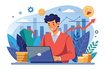 Poster - a focused man in a sweater engages with his laptop, studying stock market data and trends, illustrat