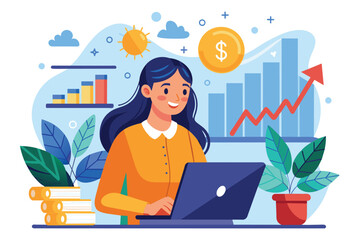 Poster - a woman engages with her laptop, focused on financial charts and graphs in a professional environmen