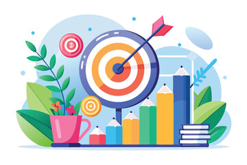 Poster - a vibrant visual representation of growth data targets featuring charts, flowers, and a dartboard fo