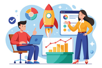 Poster - a data analyst and a colleague engage with innovative analytics tools while illustrating job advance