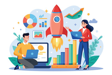 Poster - two data analysts discuss growth trends as a rocket takes off, symbolizing innovation and analysis i
