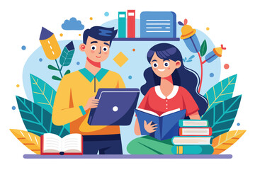 Poster - A person reads a book while another uses a tablet in a lively, colorful study filled with books and plants, Illustration of reader and writer in a flat style.