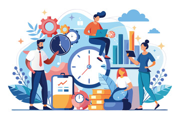 Poster - a colorful illustration features people engaging in various time management activities with clocks a