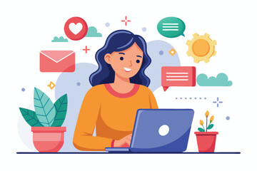 Poster - A woman is focused on her laptop, engaging with digital trends amidst plants and icons of communication, Illustration of woman using laptop with trending notifications.