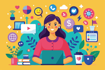 Poster - A woman with an emo style engages with modern gadgets in a vibrant, creative workspace, Illustration of woman using trendy gadgets and emojis.