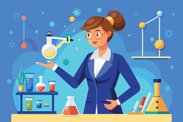 Poster - A woman in a suit conducts an experiment in a lab, showcasing various colorful beakers and equipment, Illustration: Woman in suit conducting experiment