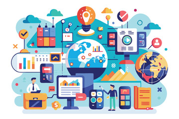 Poster - a vibrant infographic displays tools and data visualizations representing global analysis and techno