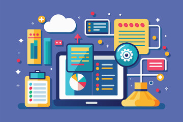 Poster - Colorful depiction of input data visualization tools arranged on a digital workspace layout, Input: Data input vector, flat illustration