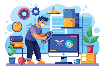 Fototapete - A person sets up a game installation on a computer in a vibrant office environment filled with decor, Install games on computers and tablets with flat illustrations.