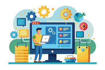 Poster - A person is focused on installing software while interacting with a computer display filled with icons and gears, Install software on computer, flat illustration.