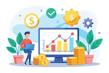 Poster - A person is analyzing investment data on a laptop with graphs, coins, and financial symbols in view, investment data, simple illustration