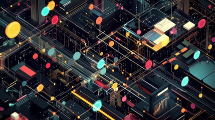 Poster - Futuristic Data Visualization of Machine Learning Technology in a Dynamic Cityscape, Featuring Abstract Geometric Patterns and Vibrant Circular Elements