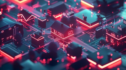 Poster - Futuristic Illustration of Digital Cityscape with Neon Lights and APIs Connecting Various Elements for a Modern Technological Overview