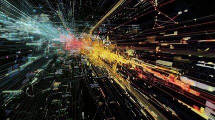 Poster - Dynamic Visualization of APIs Connecting Financial Data through Abstract Digital Streams and Flowing Lines in a Futuristic Design