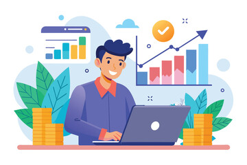 Poster - A focused investor analyzes dividend growth trends on a laptop amidst stacks of coins and graphs, Investor using laptop to track dividend growth, analyze profit graphs, flat illustration.