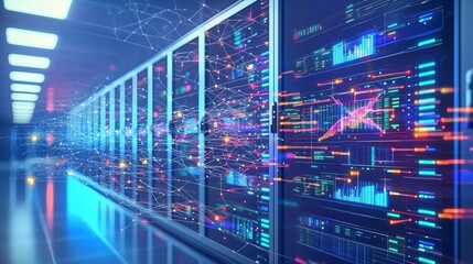 Poster - A High-Tech Server Room with Glowing Data Connections, Showcasing Multiple Data Storage Units and Vibrant Visualizations of Information Flow