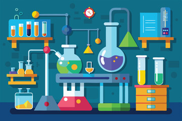 Poster - The lab features beakers, flasks, and test tubes filled with vibrant liquids and scientific tools, Lab, 2D drawing