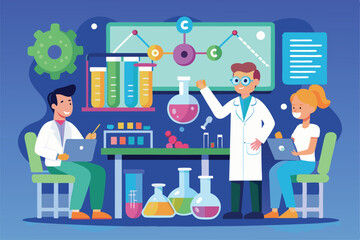 Poster - A team of scientists is engaged in a lab presentation, collaborating on various experiments and data analysis, Lab presentation with popular flat illustration.