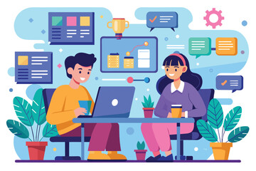Poster - Two programmers engage in a collaborative discussion using a laptop while surrounded by plants, Learn about programmers with a flat illustration.