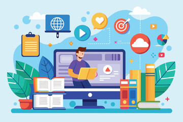 Poster - A person engages with content management on a computer while surrounded by educational resources, Learn media content management with flat illustrations.