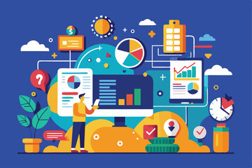 Poster - A person interacts with vibrant infographic elements showcasing data analysis tools and visuals, Looking at a flat illustration of infographic data.