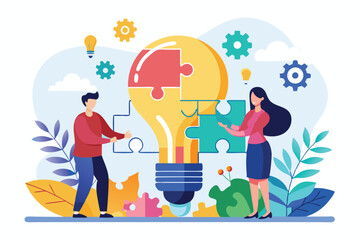 Poster - two professionals work together assembling puzzle pieces to symbolize collaboration on business solu
