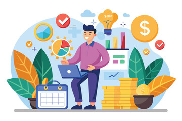 Poster - a person analyzes financial data on a laptop surrounded by charts, coins, and plants, focusing on bu