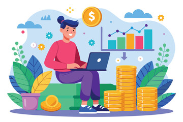 Poster - a young woman works on her laptop, focusing on her online business while surrounded by plants and co