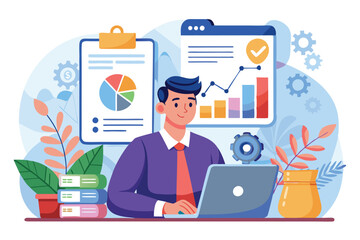 Poster - an analyst meticulously studies financial data and charts to evaluate the budget in an office enviro
