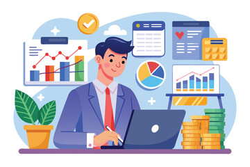 Poster - A male analyst examines financial data using a laptop in a contemporary workspace filled with charts, Male analyst studies financial budget for modern flat concept web banner design.