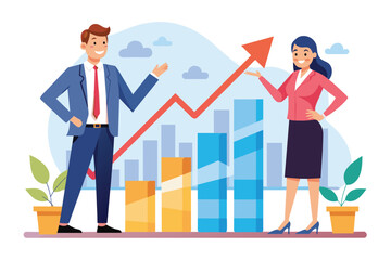 Poster - a male and female business team enthusiastically present an upward trend in their analytics to illus