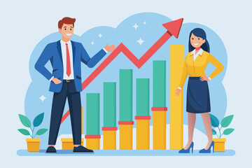 Poster - a man and a woman in business attire stand beside a growing graph, visually representing success and