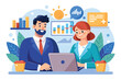 © Ifti Digital - A male and female financial analysts are actively discussing data and insights around a laptop, Male and female financial analysts working together, flat illustration.