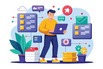 Poster - a male character is focused on organizing various data on a laptop in a vibrant and modern workspace