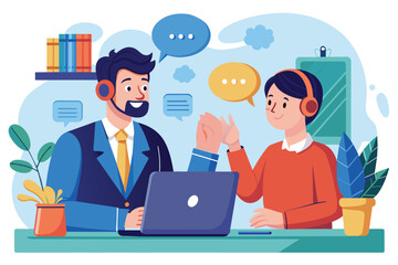 Poster - A male customer service representative engages with a client during a video call in a modern office setting, Male customer service representative communicating with consultant in a flat illustration.