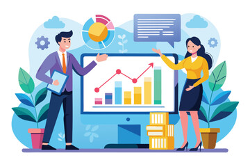 Poster - a man and woman present data illustrating company growth through charts and graphs in an office, man