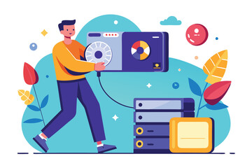 Poster - A man transfers files to an external drive in a vibrant digital workspace filled with plants, Man backing up data to a drive, flat illustration.