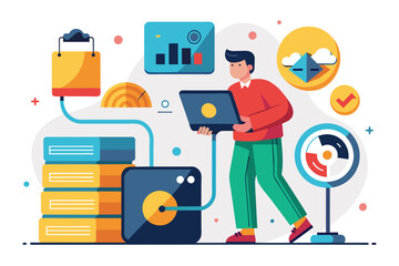 Poster - A man is transferring files to a storage device in a contemporary office environment using a laptop, Man backing up data to a drive, flat illustration.