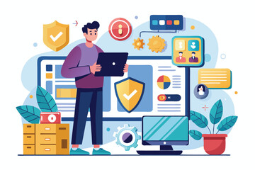 Poster - a man is examining privacy settings of a security system using his laptop in a contemporary office s