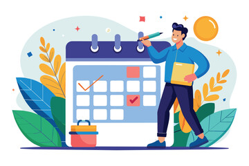 Poster - a man actively circles important dates on a calendar, preparing for upcoming meetings in a bright wo
