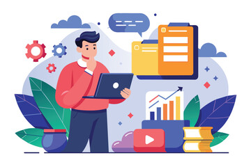 Poster - A man thoughtfully considers data management options while looking at charts and documents on his laptop, Man considering saving file data, illustrated in a flat style.