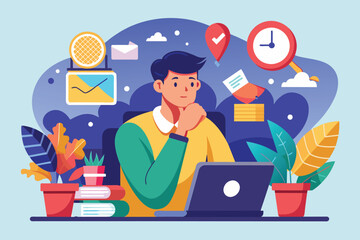 Poster - a man is focused on tasks at his desk with plants and reminders around him, deep in thought about hi