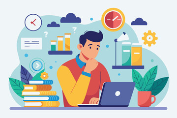 Poster - A man sits at his desk, pondering a task with books, clocks, and test tubes around him, Man contemplating task, flat illustration