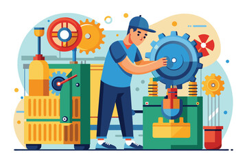 Poster - A man is engaged in monthly maintenance on a machine, adjusting gears in a workshop environment, Man doing monthly maintenance on machine, flat illustration.