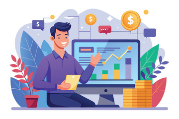 Poster - A man shows excitement while reviewing stock market profits on his computer, surrounded by financial graphics, Man displays stock profits on computer.