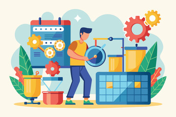 Poster - A man conducts routine monthly maintenance on a machine, ensuring proper function and efficiency, Man doing monthly maintenance on machine, flat illustration.