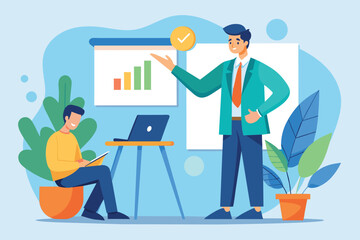 Poster - a man confidently presents data while another listens attentively in a colorful workspace, man givin