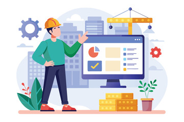 Poster - a man wearing a hard hat points to a computer screen showcasing a website design, surrounded by plan
