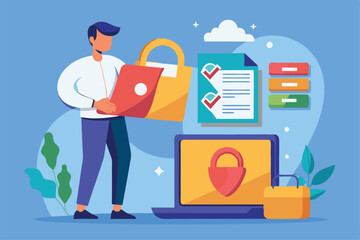 Poster - A person is accessing a secured file on their laptop while managing digital documents in a bright setting, Man opening locked file on laptop, flat illustration