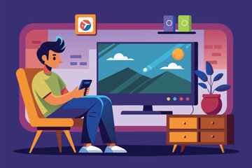 Poster - A man is enjoying a gaming session on a large TV while seated comfortably in his living room, Man playing video on TV screen, flat illustration.